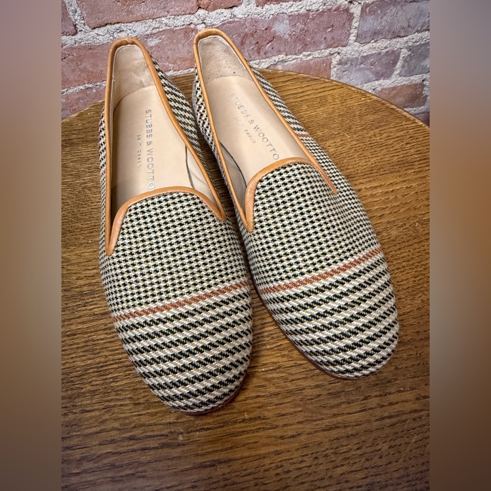 Stubbs & Wootton Houndstooth Loafers - Black, White, and Tan Size 5.5